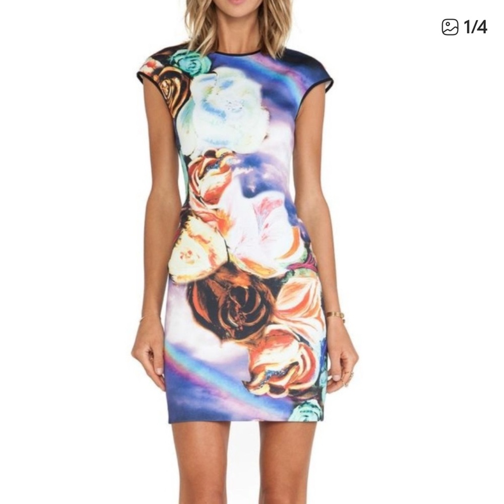 Clover Canyon Magical Sky Digital Print Cap Sleeve Pencil Dress Medium Neoprene
